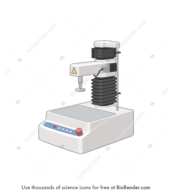 Texture analyzer - Editable icon of 3/4 view of a texture analyzer as a vertical device with a load cell at the top, a movable arm with a probe or fixture attached, and a base platform for placing test samples