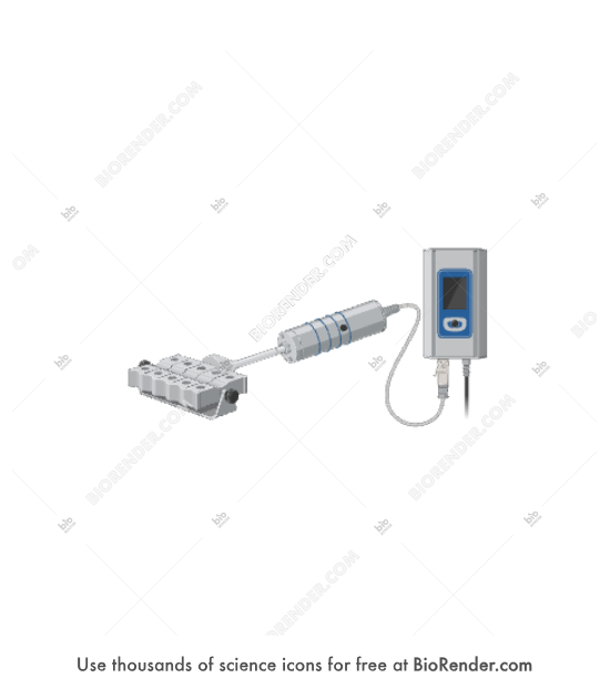 Ultrasonication system (UP200st with, VialTweaker) - Editable icon of an UP200st ultrasonication system composed of a device and processor in a frontal view attached to a VialTweeter in 3/4 view