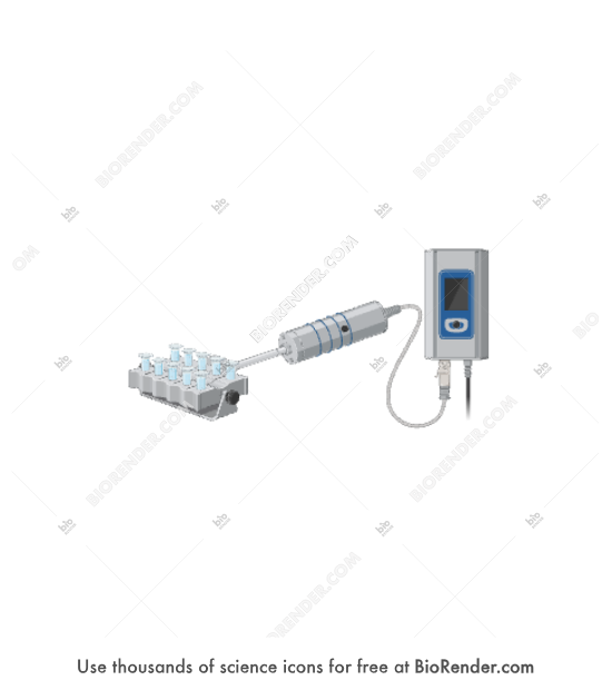 Ultrasonication system (UP200st with, tubes, VialTweake) - Editable icon of an UP200st ultrasonication system composed of a device and processor in a frontal view attached to a VialTweeter holding tubes in 3/4 view