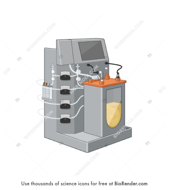 Vertical wheel bioreactor (3L, with liquid) - Editable icon of a vertical wheel bioreactor with a 3L vessel filled with fluid seen in a 3/4 view