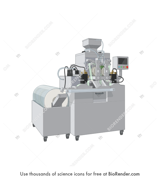 Soft gelatin encapsulation machine (Aprila SG100) - Editable icon of an Aprila SG100 soft gelatin encapsulation machine in a 3/4 view