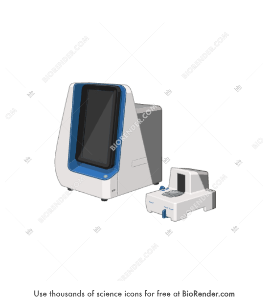 Single-cell analysis system (BD Rhapsody)  - Editable icon of a BD Rhapsody single-cell analysis system including a capture system and a partitioning system, in a 3/4 view