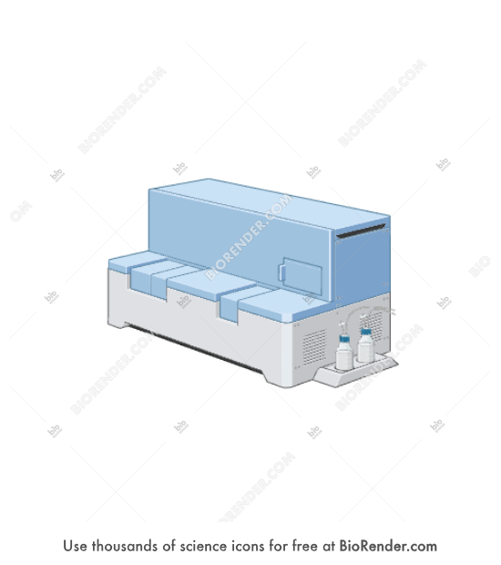 Subcellular sampling system (CellVoyager SS2000, with bottles)  - Editable icon of a CellVoyager SS2000 subcellular sampling system with bottles in a 3/4 view