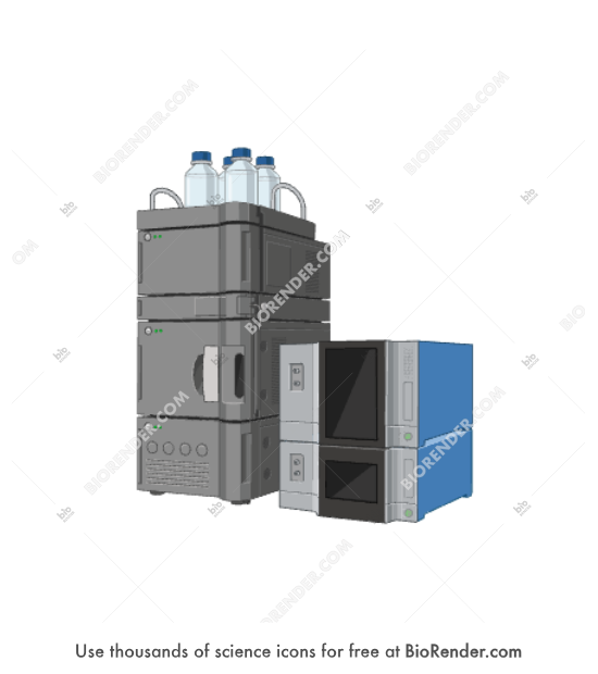 SEC-MALS setup (with, DAWN, Optilab, and HPLC system)  - Editable icon of an SEC-MALS setup featuring an HPLC system, DAWN multi-angle light scattering detector, and Optilab refractometer, with bottles mounted on top