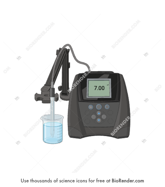 pH measuring setup (pH meter, pH probe, and beaker) - Editable icon of a pH measuring setup, including a benchtop pH meter with a digital display, a pH probe, and a beaker containing liquid for measurement
