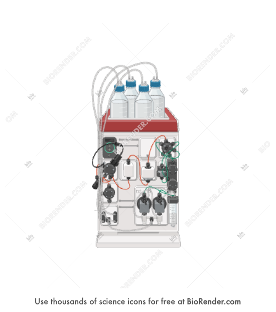 Protein purification system (AKTA go, with bottles and tubing) - Editable icon of a compact protein purification system (AKTA go), showcasing its components including pumps, valves, and tubing connections for chromatography workflows