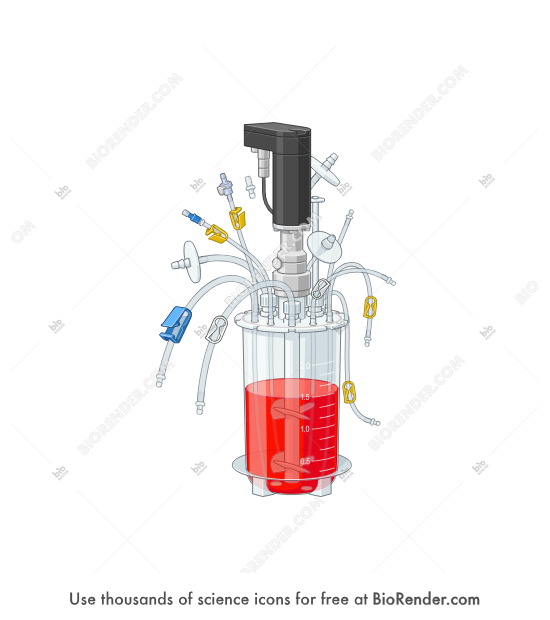 Single-use bioreactor (UniVessel SU, 3/4 liquid)  - Editable icon of a Single-Use Bioreactor (UniVessel SU) with liquid, featuring multiple hoses, clamps, and a motorized mixing unit