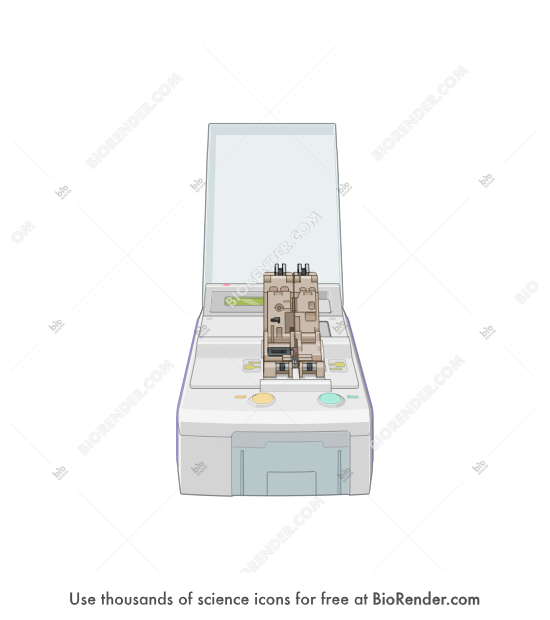 Sterile tubing welder (TSCD-II, loaded position) - Editable icon of a TSCD-II sterile tubing welder in the loaded position, showing tubing secured in place for welding