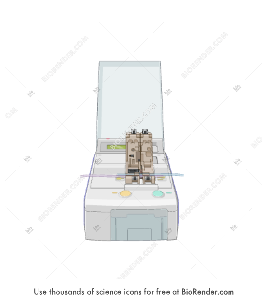 Sterile tubing welder (TSCD-II, loaded position, with tubes) - Editable icon of a TSCD-II sterile tubing welder in the loaded position, showing tubing secured in place for welding