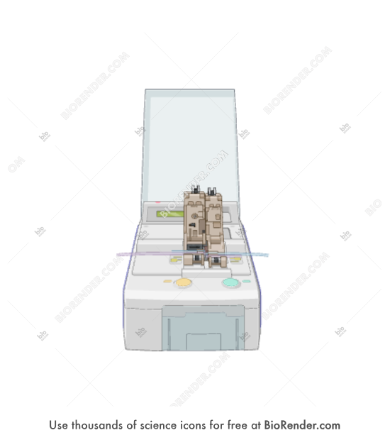 Sterile tubing welder (TSCD-II, welded position, with tubes, open) - Editable icon of a TSCD-II sterile tubing welder in the loaded open position, showing tubing secured in place for welding