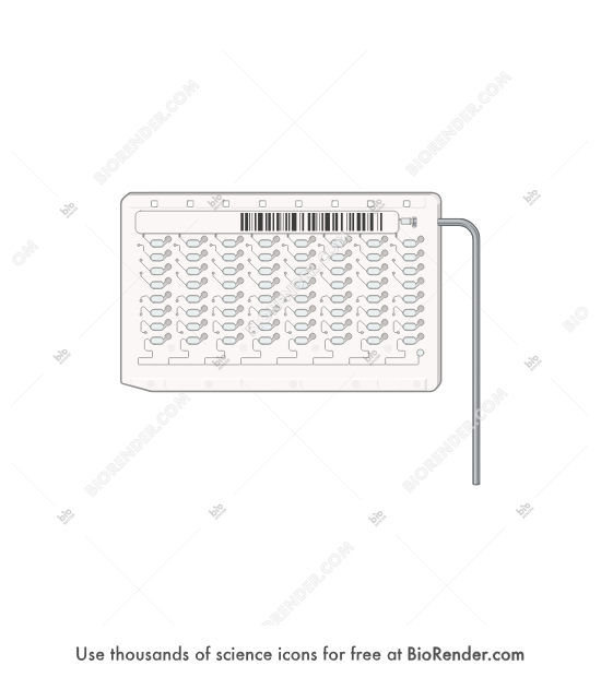 Microbial testing card (Vitek 2) - Editable icon of a Vitek 2 microbial testing card showing 64 biochemical wells, a barcode label, and an integrated transfer tube for automated bacterial identification and susceptibility testing