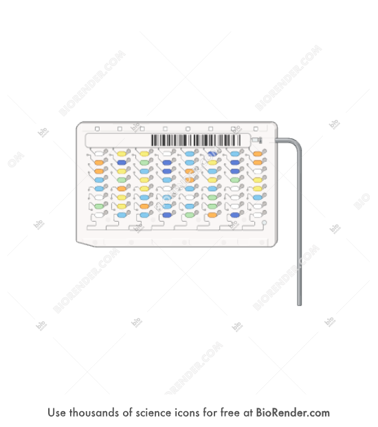 Microbial testing card (Vitek 2, with liquid) - Editable icon of a Vitek 2 microbial testing card filled with liquid reagents in its 64 wells, featuring a barcode label and integrated transfer tube for automated bacterial identification and susceptibility testing