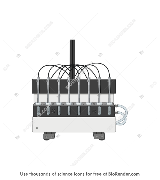 Permeability testing system (MicroFLUX, active position) - Editable icon of a MicroFLUX permeability testing system in active position, showing multiple probes inserted into aligned test chambers with tubing connections