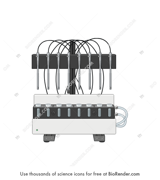 Permeability testing system (MicroFLUX, idle position) - Editable icon of a MicroFLUX permeability testing system in idle position, with probes suspended above the test chambers and tubing connections visible