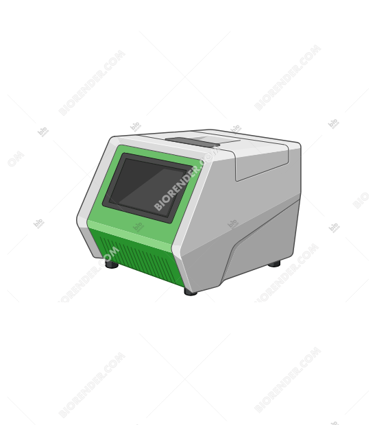 Tissue homogenizer (BeatBox) - Editable icon of a BeatBox tissue homogenizer with a touchscreen interface, green front panel, and enclosed compact design for automated sample processing.