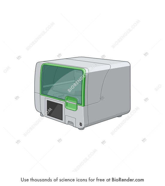 Protein sample preparation system (PreOn) - Editable icon of a PreOn protein sample preparation system with a transparent green front cover, touchscreen interface, and enclosed automated workspace.
