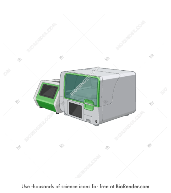 Protein sample preparation platform (with BeatBox and PreOn) - Editable icon of Protein sample preparation platform with BeatBox and PreOn in angled view, showing touchscreen interfaces and enclosed processing chamber with green accents.