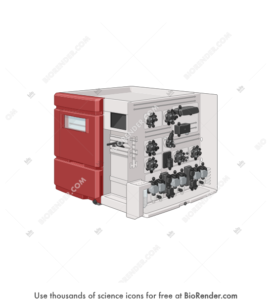 Protein purification system (AKTA Avant) - Editable icon of Protein purification system with front panel removed, showing internal view with valves, tubing, and components for chromatography flow control.