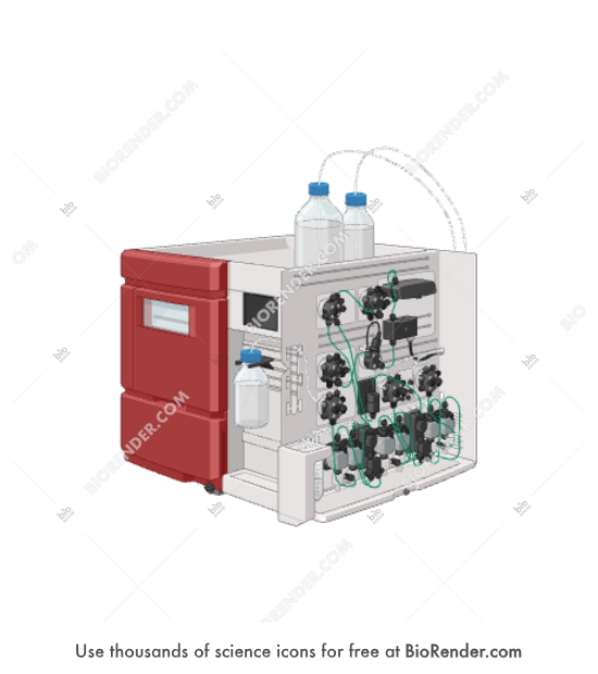 Protein purification system (AKTA avant, with bottles) - Editable icon of Protein purification system with front panel removed, showing tubing connections to solvent and collection bottles, internal valves, and chromatography flow components.