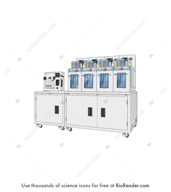Process development bioreactor (Stratyx 250, with cart and automatic syringe filler) - Editable icon of 3/4 view of Stratyx 250 process development bioreactor with four vessel modules, automatic syringe filler, tubing, and wheeled cart base with storage compartments.
