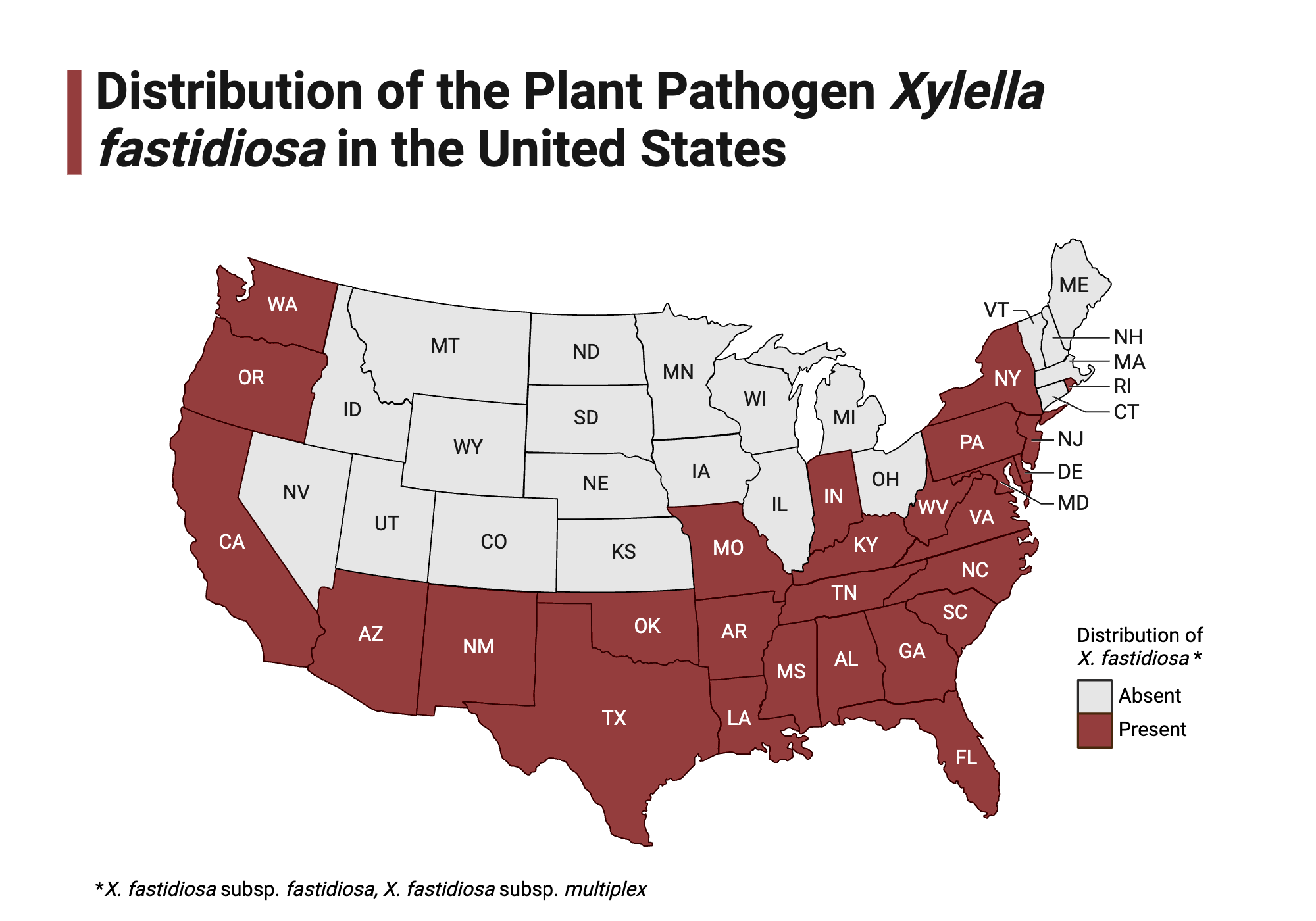 An editable high resolution scientific image depicting Distribution of the Plant Pathogen Xylella fastidiosa in the United States