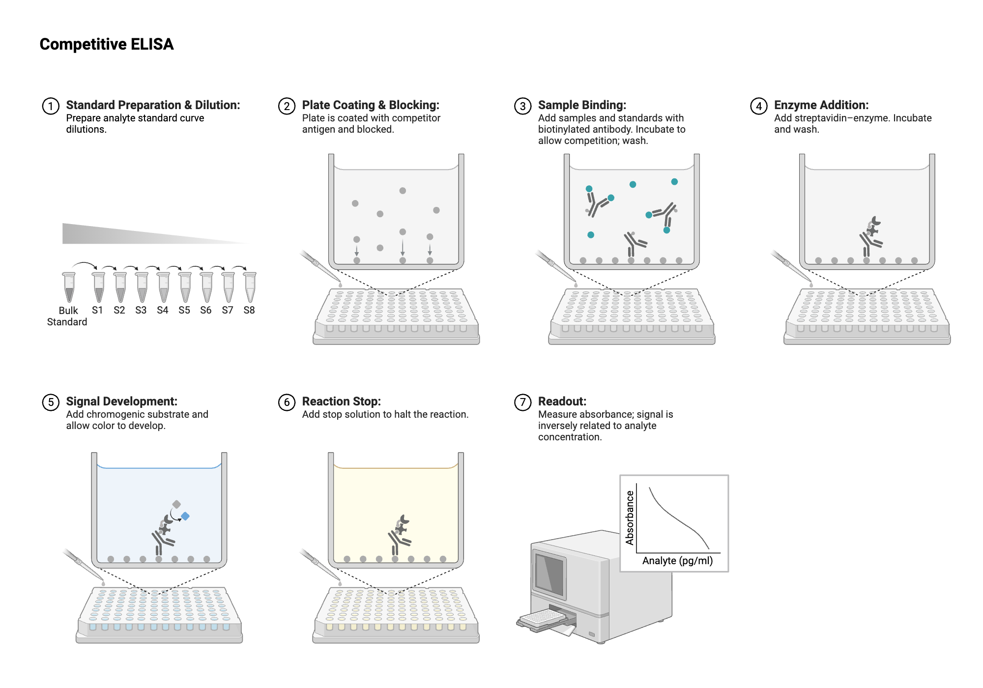 An editable high resolution scientific image depicting ELISA - Plate View - Competitive - Antigen - Antibody-labeled - Colorimetric - Unconjugated