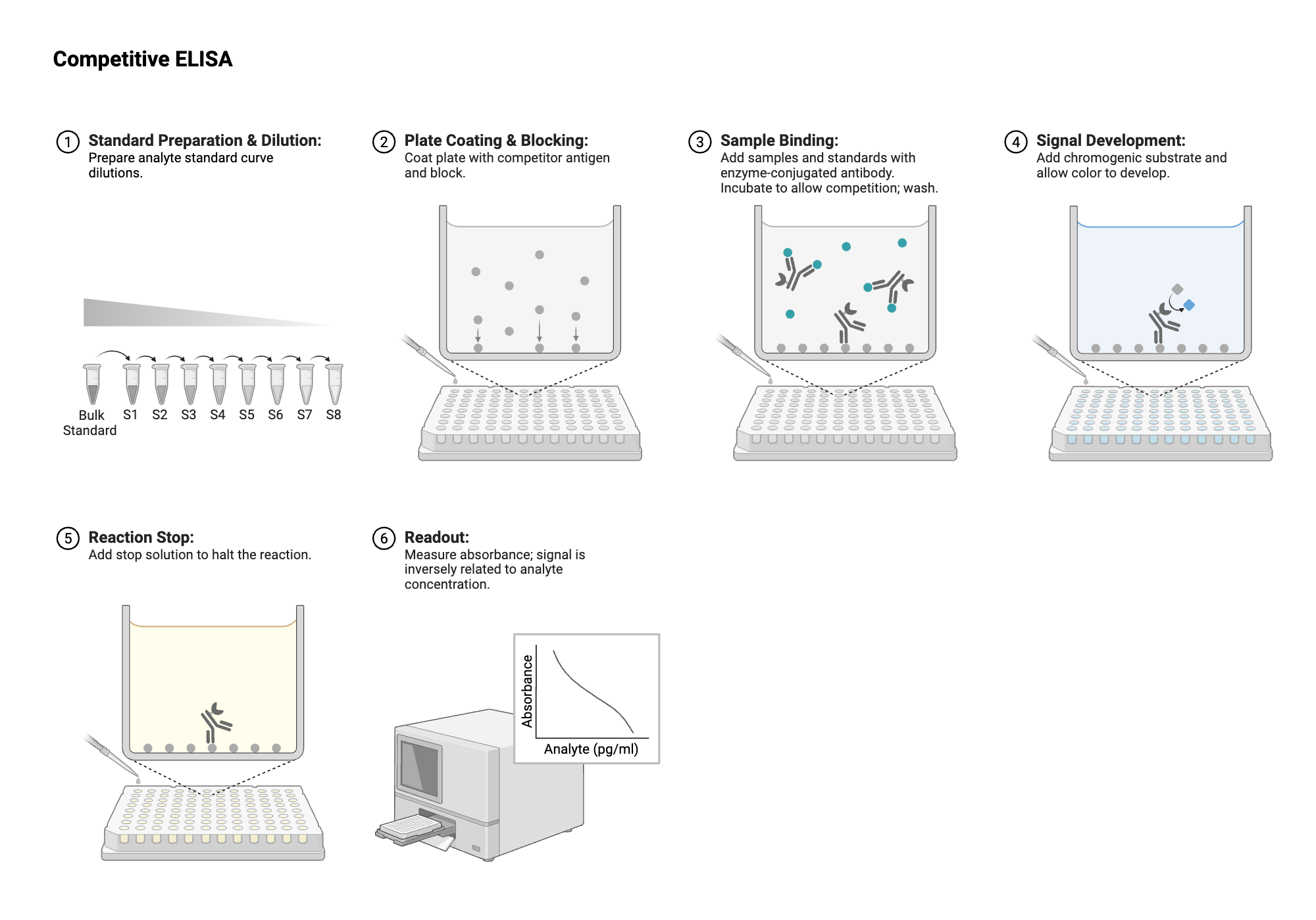 An editable high resolution scientific image depicting ELISA - Plate View - Competitive - Antigen - Antibody-labeled - Colorimetric - Conjugated