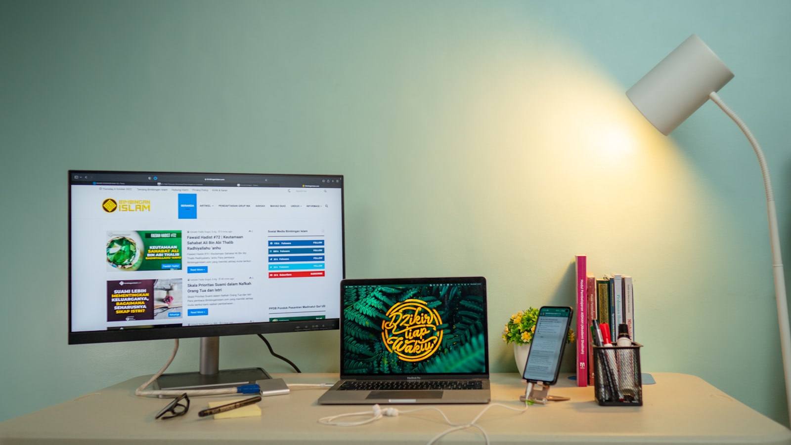 Neat, clean, organized home office desk setup