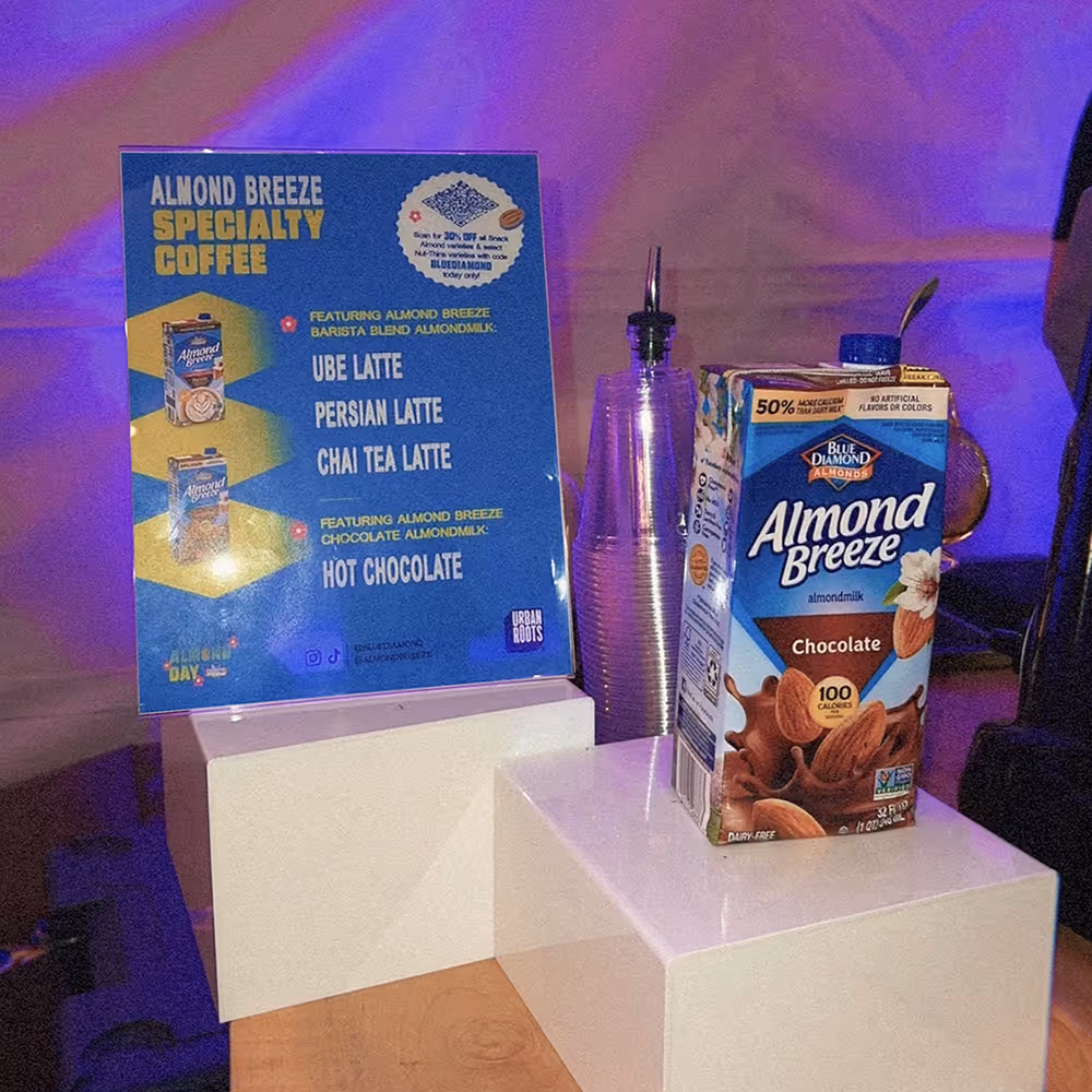 Almond Breeze signage and milk carton