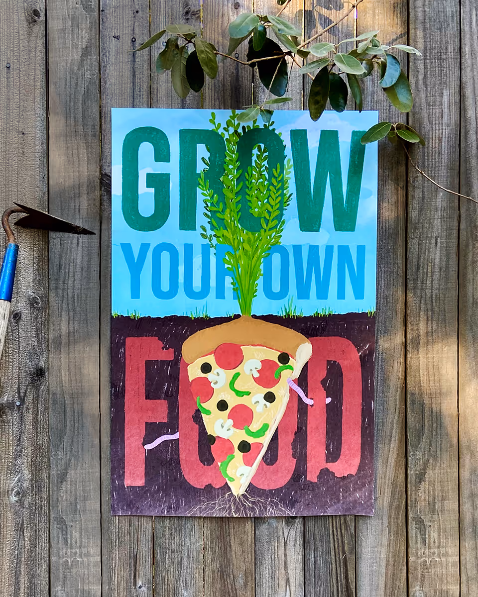 Poster with a pizza on a fence