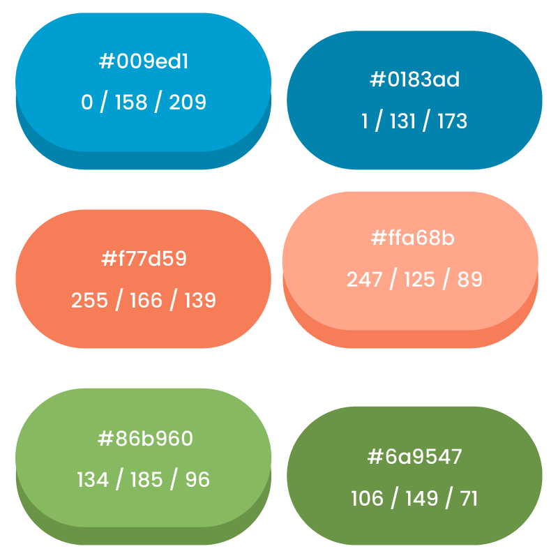 Blue, coral, and green color palette