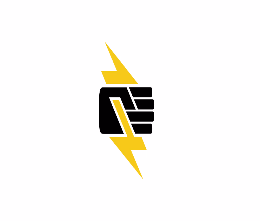 Black fist gripping a yellow lightning bolt on a white background symbolizing power and energy.