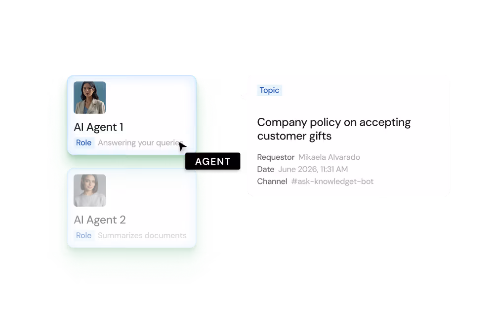Interface showing two AI agents: AI Agent 1 with role answering queries and AI Agent 2 with role summarizing documents; details of a topic titled 'Company policy on accepting customer gifts' requested by Mikaela Alvarado with date and channel info.