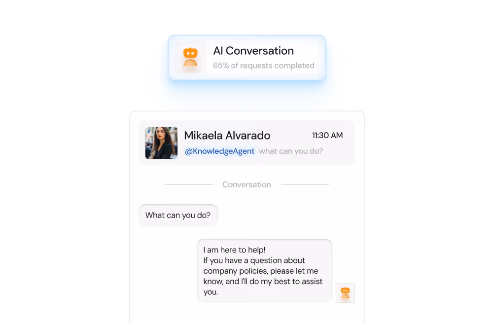Chat interface showing Mikaela Alvarado asking '@KnowledgeBot what can you do?' and the AI responding with help on company policies.