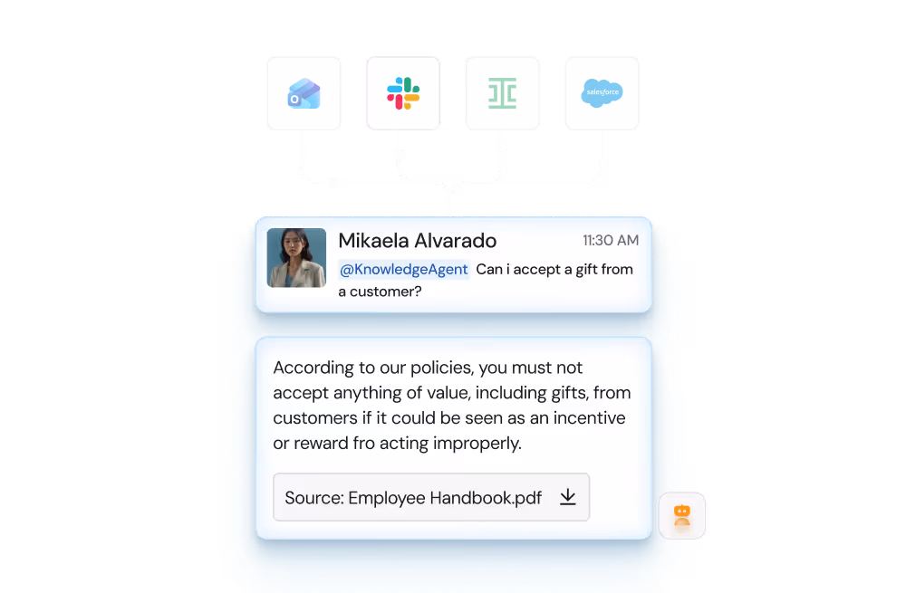 Chat message from Mikaela Alvarado asking if she can accept a gift from a customer, answered by KnowledgeBot citing policy against accepting gifts that could be seen as incentives or rewards, with source Employee Handbook.pdf.