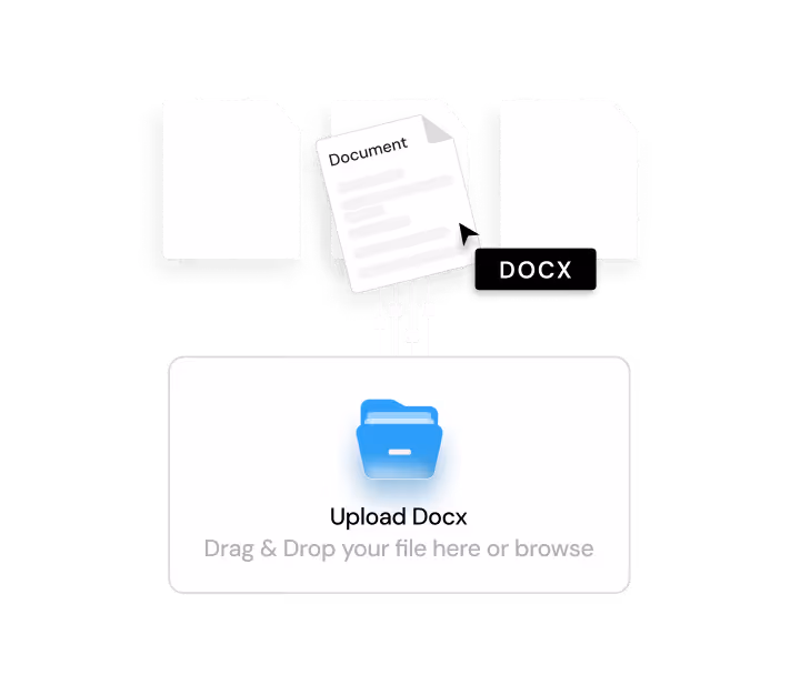 Interface showing drag-and-drop upload area with a blue folder icon and text prompt 'Upload Docx, Drag & Drop your file here or browse', above which several document icons and a 'DOCX' label are displayed.