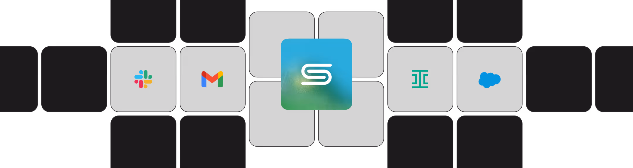 Central app icon with white S on blue-green gradient surrounded by Slack, Gmail, Segment, and Salesforce logos on dark tiles.