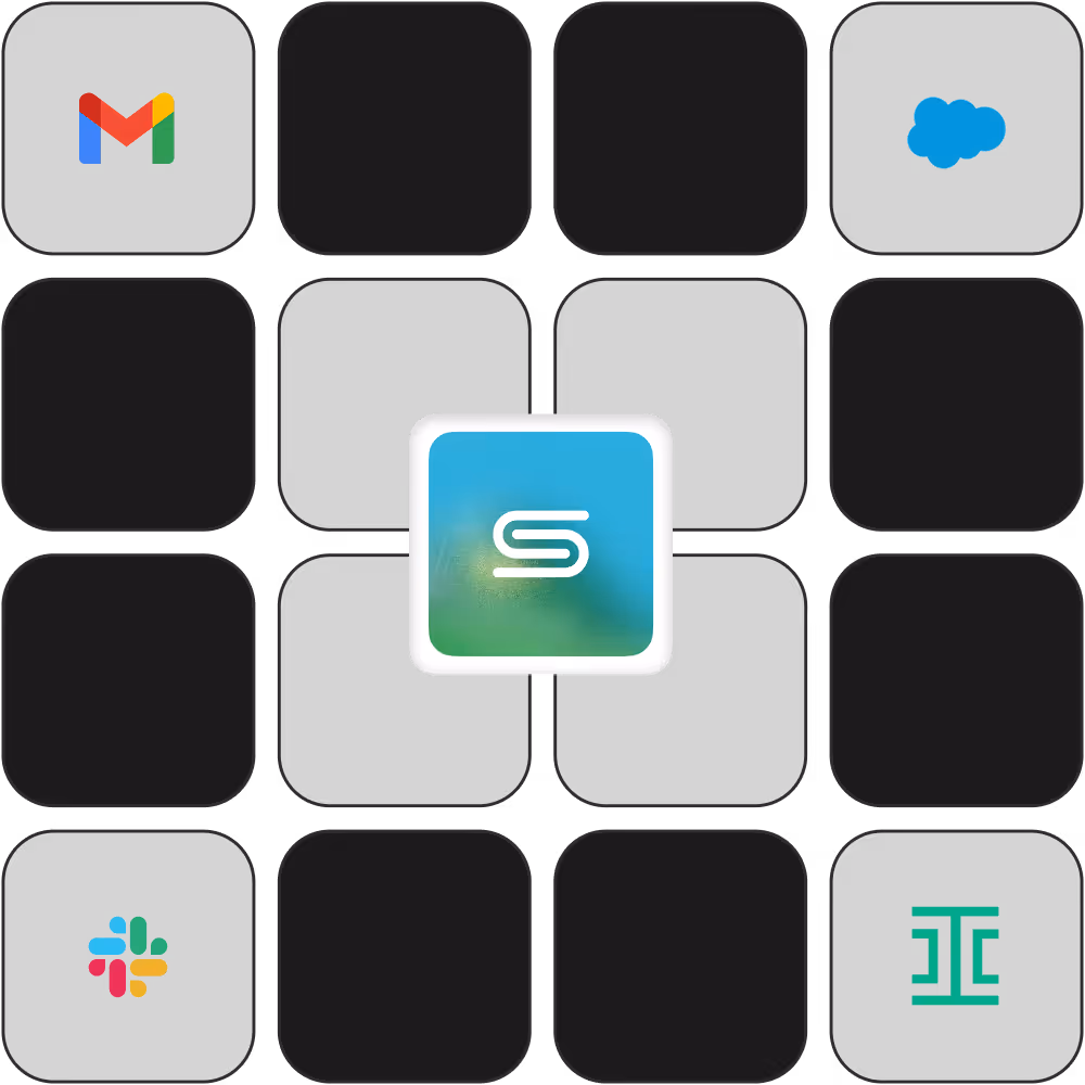 Grid of app icons with Gmail, Salesforce, Slack, and Segment logos highlighted.