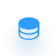 White database icon with three stacked cylinders on a blue circle background.