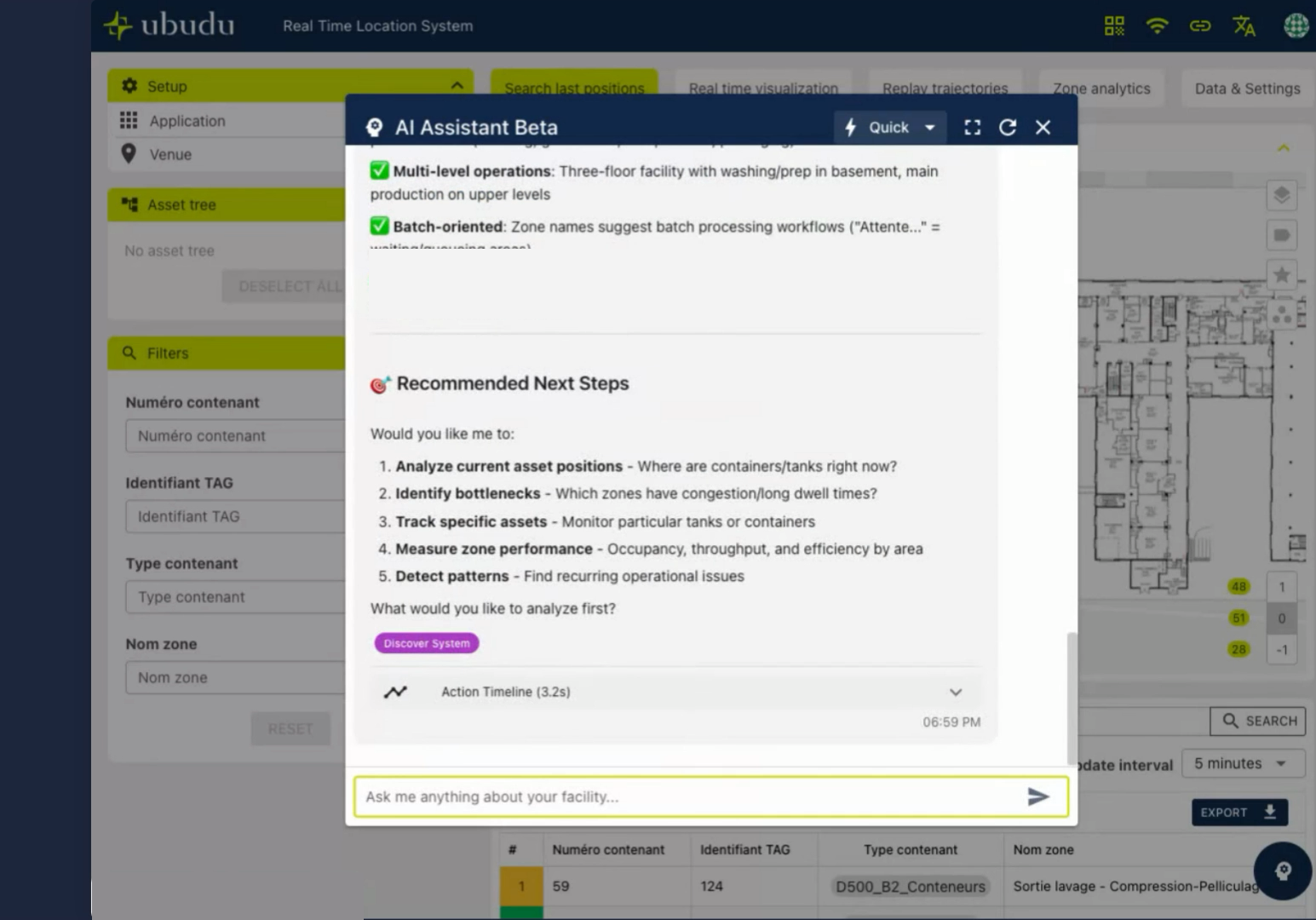 Ubudu Spatial AI Assistant chat over the RTLS dashboard and live facility map
