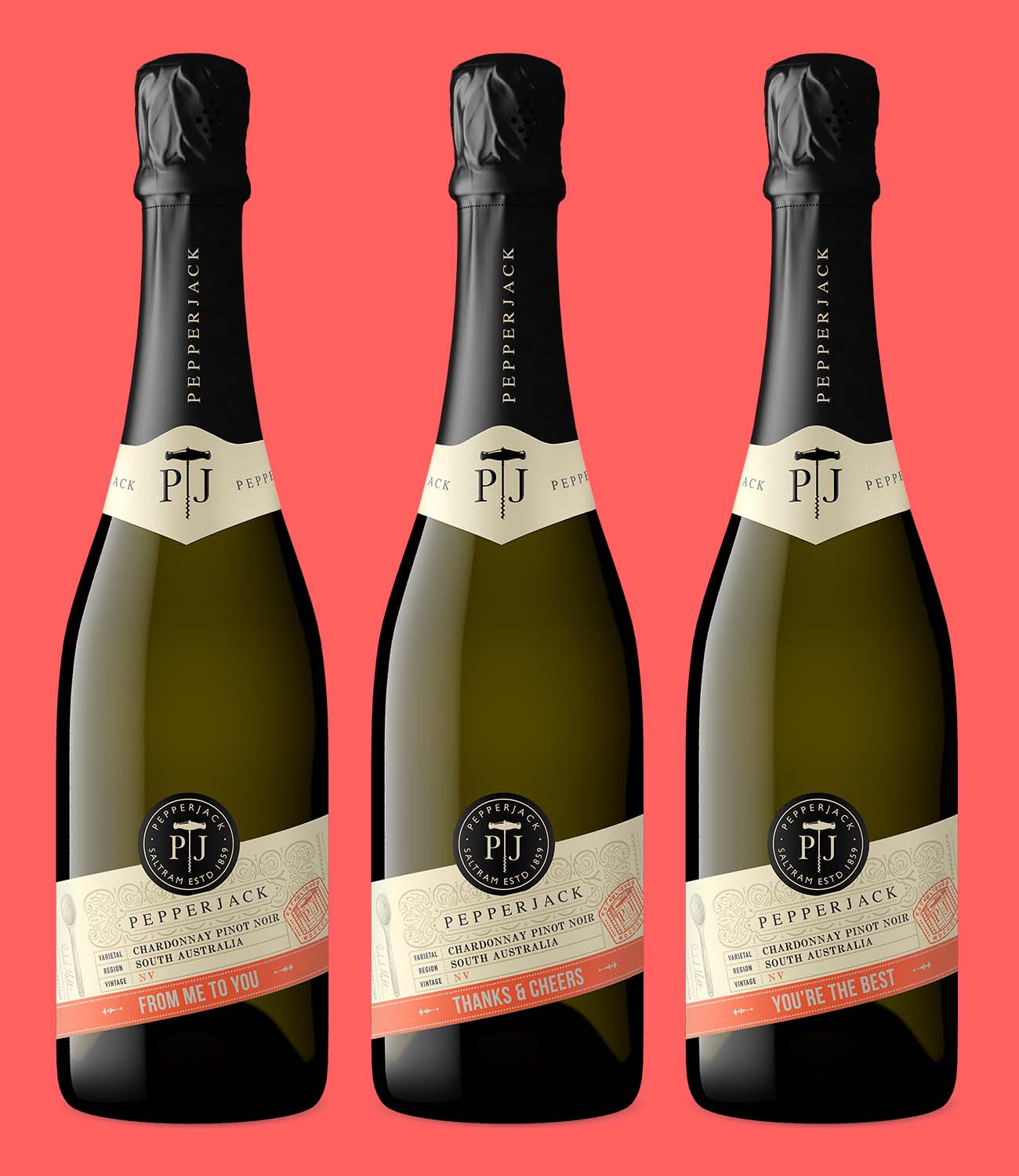 Australian sparkling wine bottles meant for Christmas and the gifting season with messages printed on their labelsg