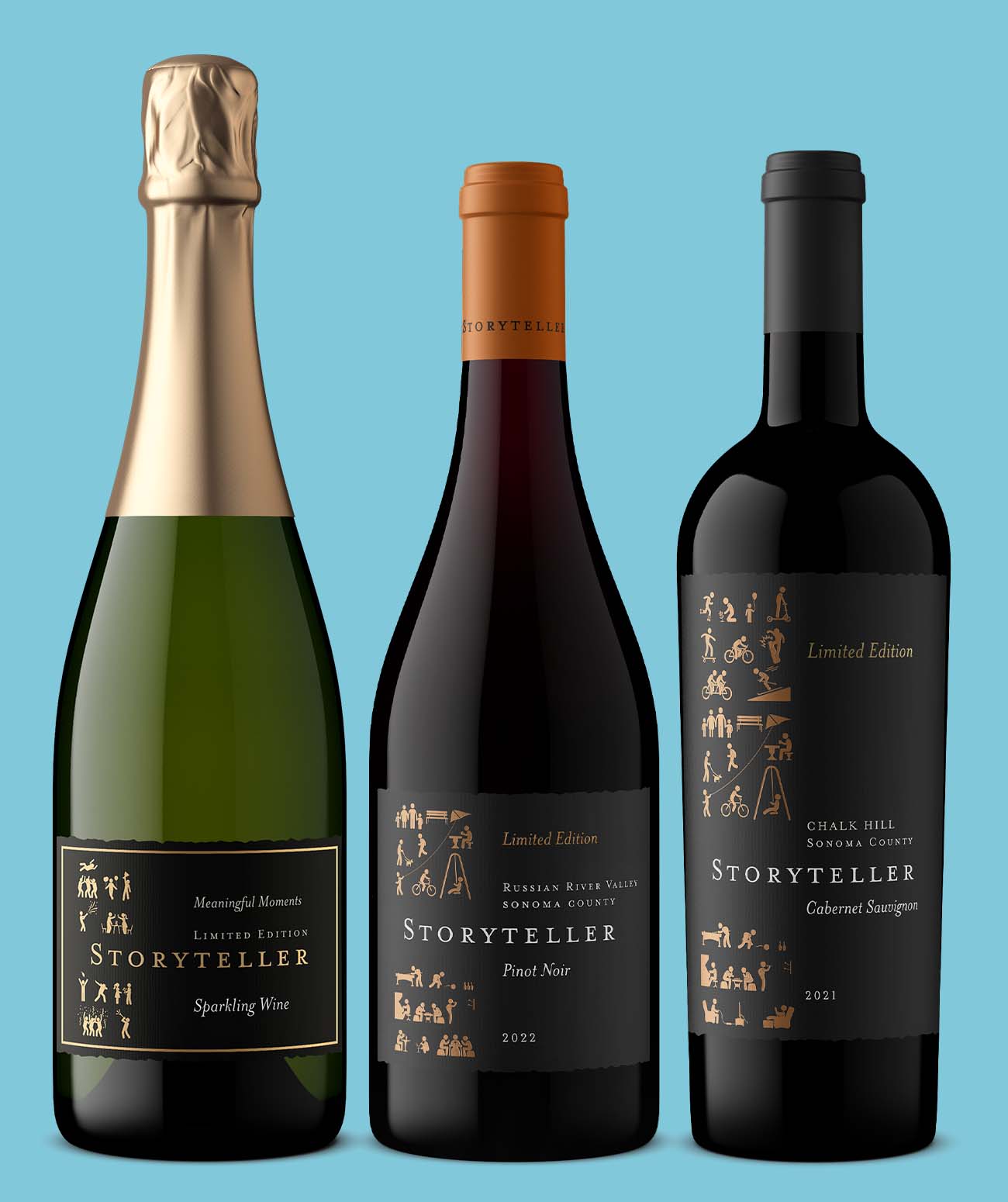 Sparkling Wine, Pinot Noir, and Cabernet Sauvignon bottles captured by Outshinery using advanced 3D software, a modern alternative to traditional photography.