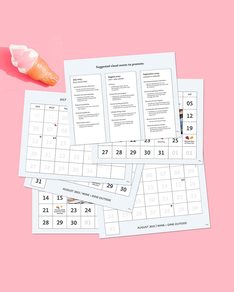 pages of Outshinery's free marketing calendar for wineries around the world