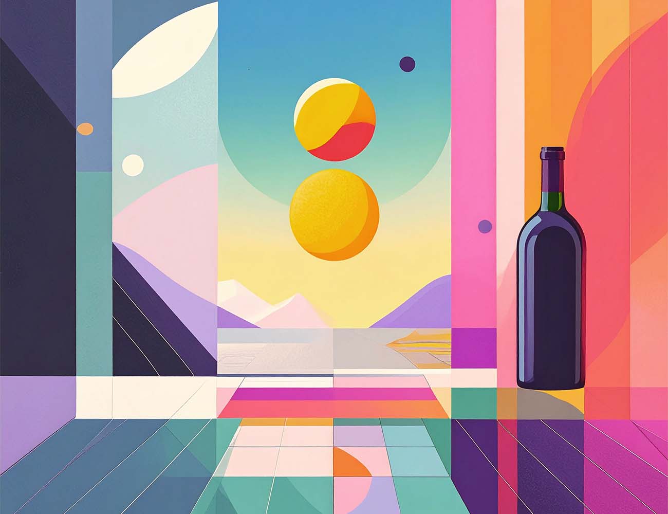 AI generated illustration of a wine bottle in a colorful decor