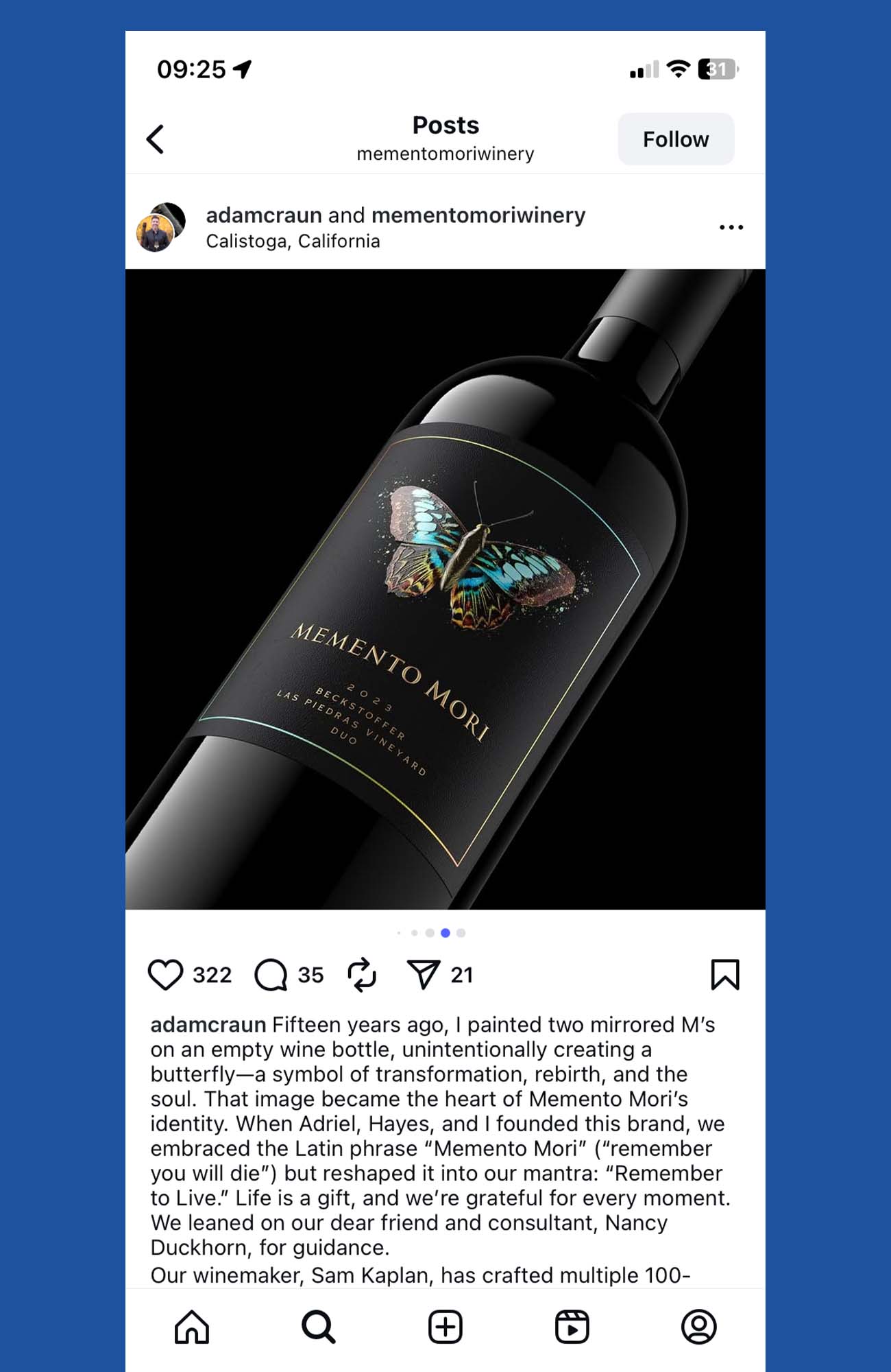 IG Instagram post by a premium Napa Valley winery using a beauty shot image created by Outshinery