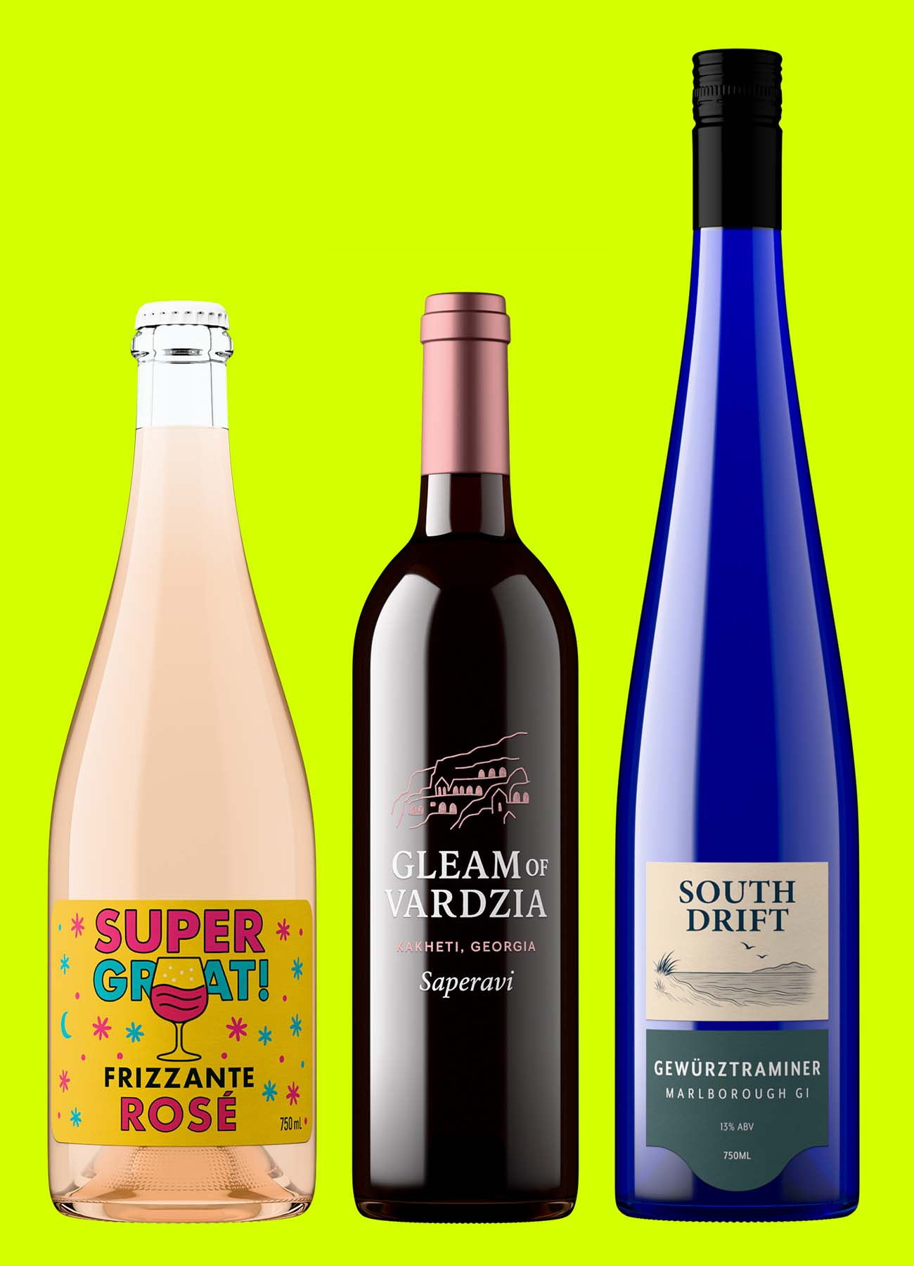 a bottle of sparkling petnat, a silkscreened Georgian wine and a Spanish Albariño in a cobalt blue glass rhine bottle, all captured by Outshinery Lite