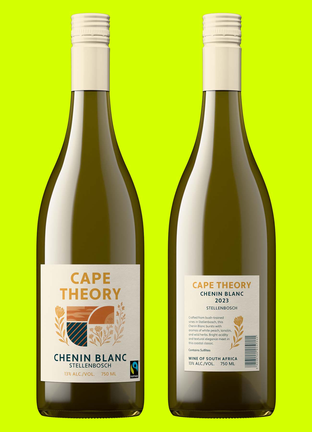 front and back views of a Chenin Blanc bottle from South-Africa created entirely online thanks to Outshinery Lite