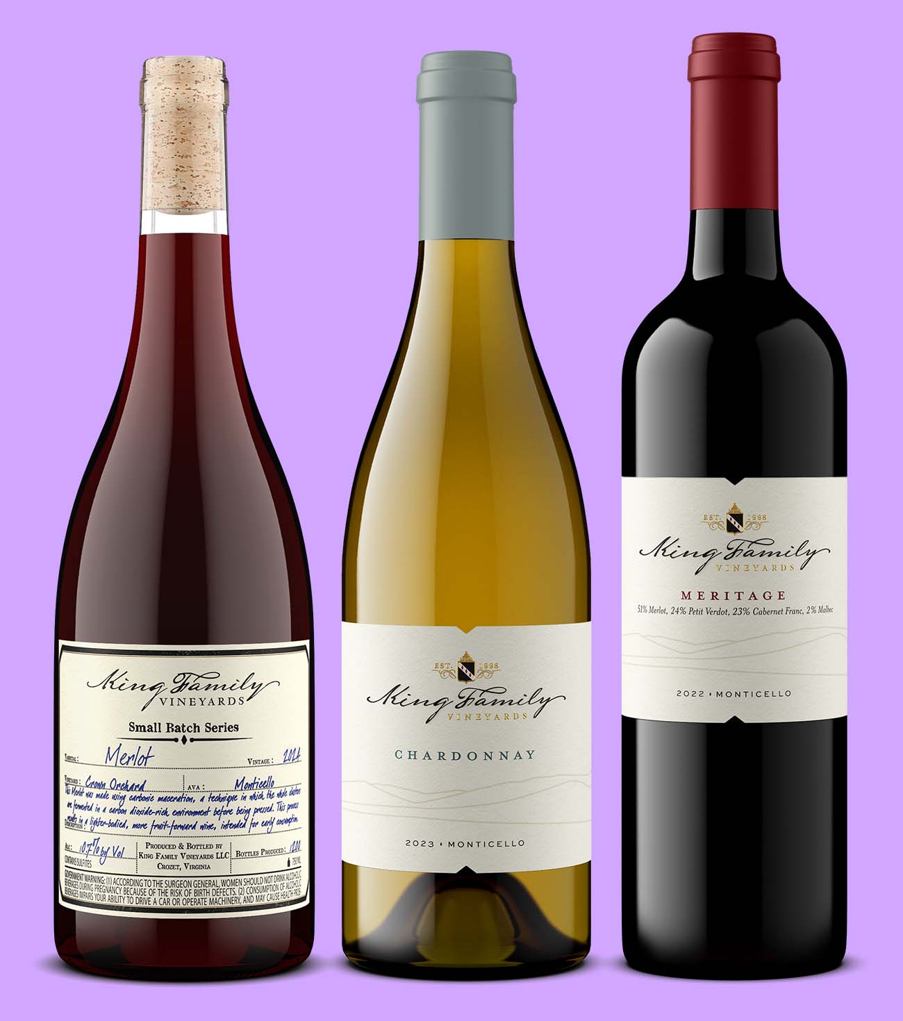 wines from King Family Vineyards in Virginia: small batch Merlot, Chardonnay and Meritage