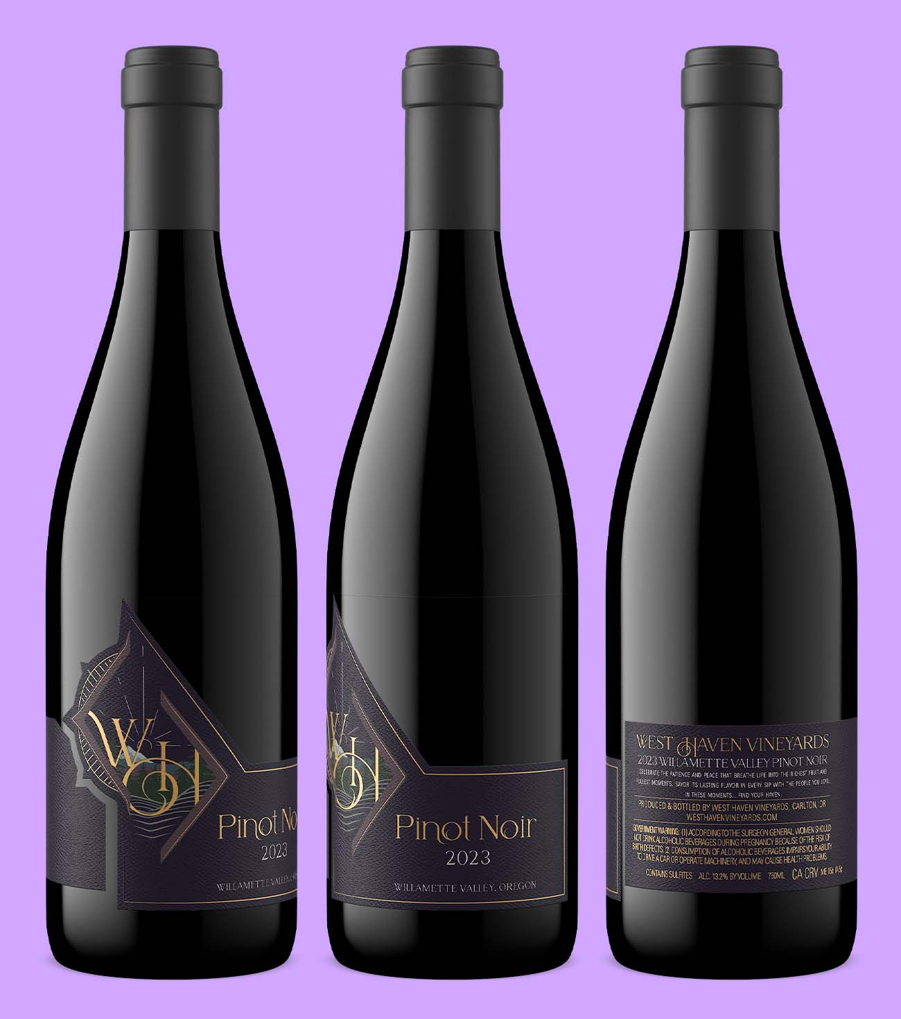 front, side and back view of a wrap around label design for a Willamette Valley Oregon Pinot Noir photographed by Outshinery