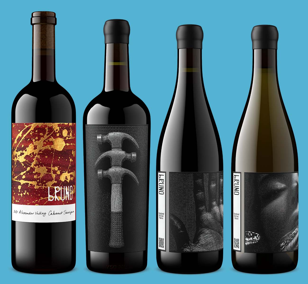 premium wine lineup of bottles in Bordeaux/Claret and Burgundy shapes. Images by Outshinery Studio.